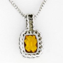 14K White Gold 3.71 ctw Cushion Checkerboard Citrine Diamond Halo Pendant & Chai