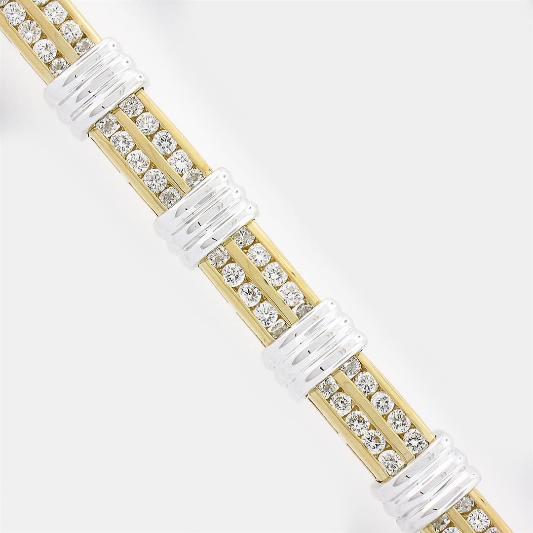 14K TT Gold 3.50 ctw Round Dual Channel Set Diamond & Grooved Link Tennis Bracel