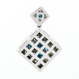 14k White Gold 1.42 ctw Blue & White Diamond Geometric Dual Square Dangle Pendan