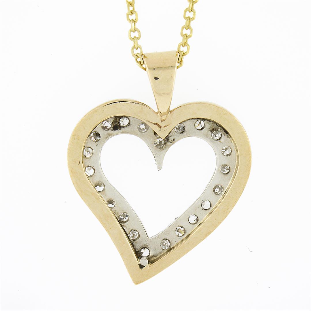 Vintage 14k TT Gold .22 ctw Pave Diamond Dual Layer Open Heart Pendant & 16" Cha