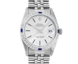 Rolex Mens Stainless Steel Silver Index 18K White Gold Diamond & Sapphire Bezel