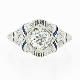 Antique Platinum 1.08 ctw GIA European Diamond Solitaire Sapphire Engagement Rin