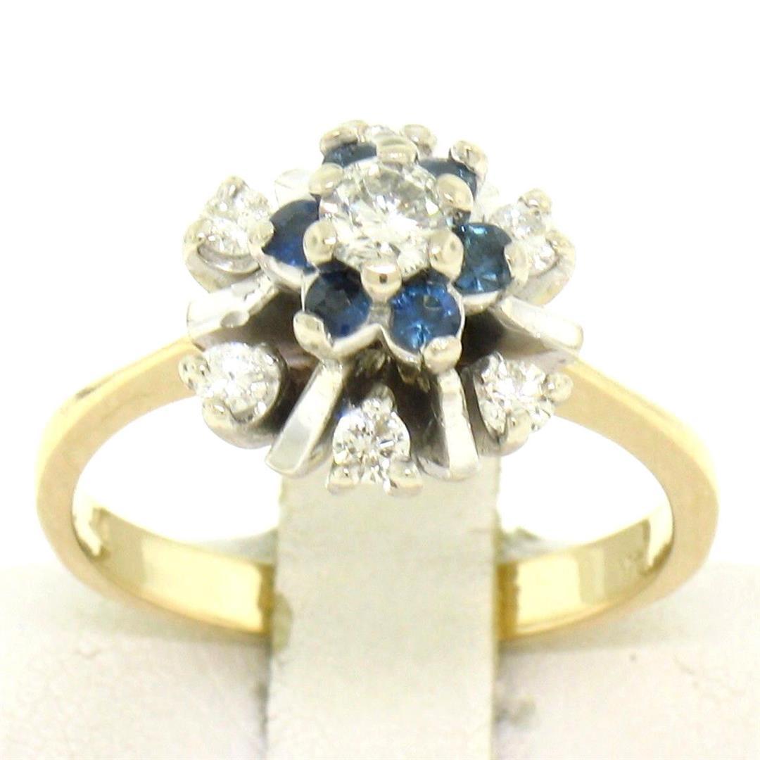 14k Yellow & White Gold 0.65 ctw Diamond Sapphire 3 Tiered Starburst Cluster Rin