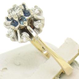 14k Yellow & White Gold 0.65 ctw Diamond Sapphire 3 Tiered Starburst Cluster Rin