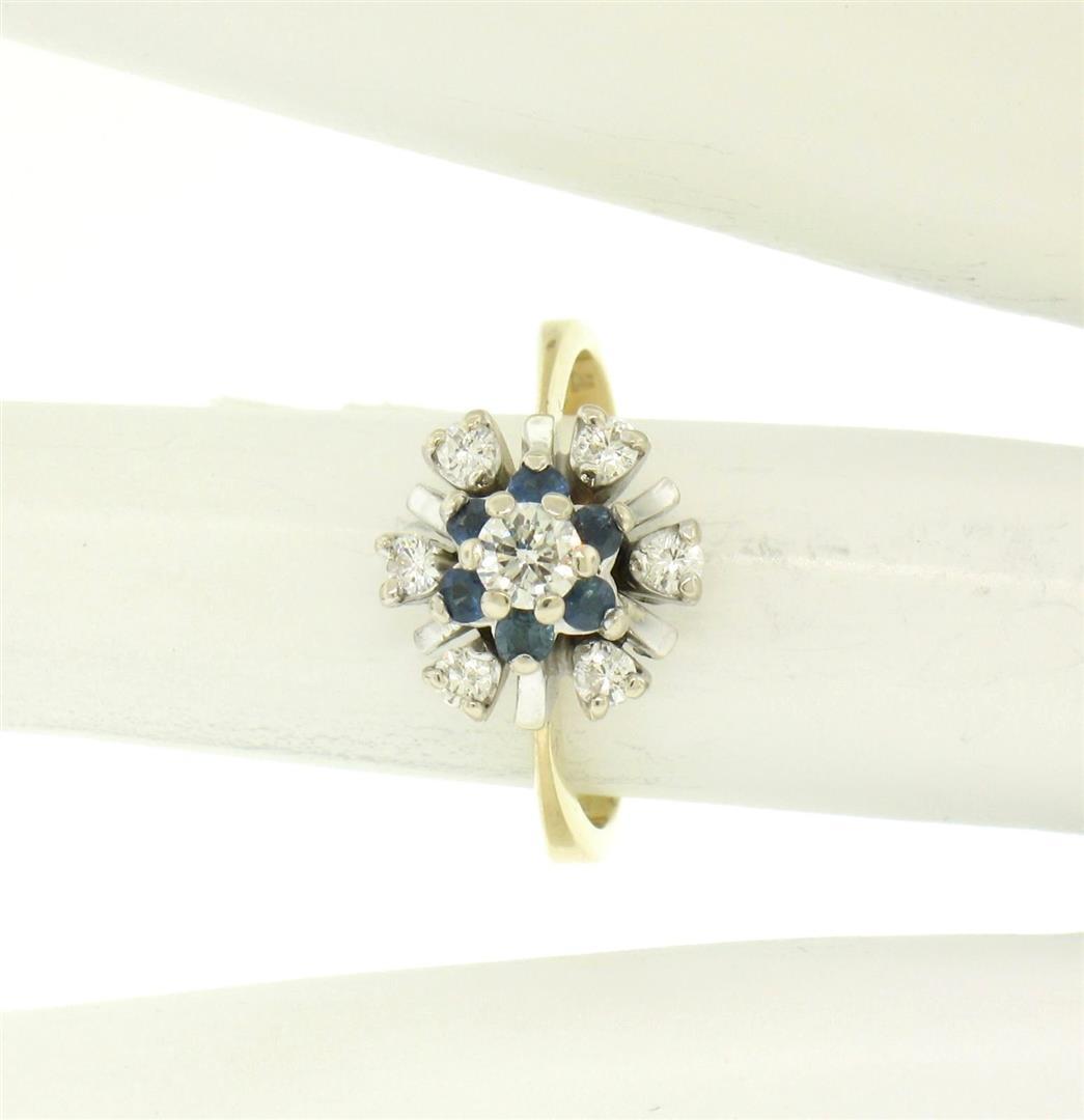 14k Yellow & White Gold 0.65 ctw Diamond Sapphire 3 Tiered Starburst Cluster Rin