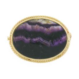 Vintage 9k Gold Oval Bezel Polished Natural Amethyst Twisted Wire Frame Brooch