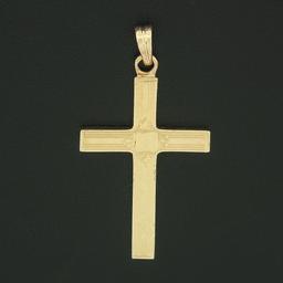 Petite Antique 14K Yellow Gold Hand Engraved Simple Puffed Square Cross Pendant