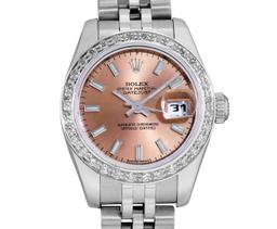 Rolex Ladies Stainless Steel Salmon Dial White Gold Diamond Bezel Datejust Hidde