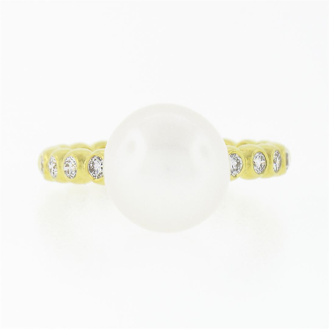 18k Yellow Gold 10.50mm Cultured Pearl Solitaire Round Bezel Diamond Beaded Ring