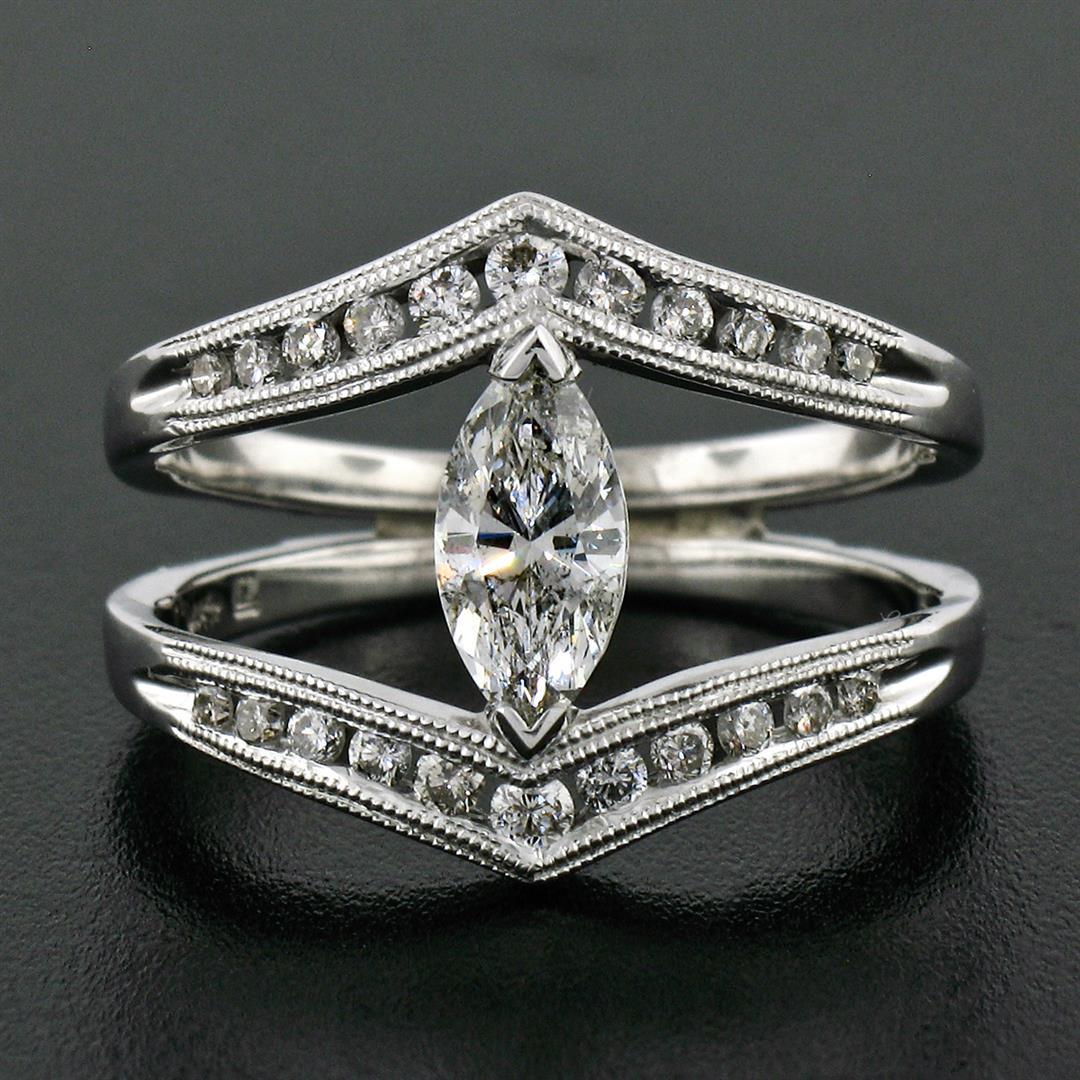 14K White Gold 1.01 ctw Marquise & Round Cut Diamond Milgrain Wide Open Split Ri