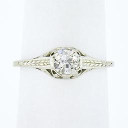 Antique 14k Gold 0.54 ctw GIA European Diamond Solitaire Filigree Engagement Rin