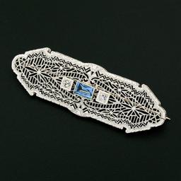 Antique Art Deco 14k White Gold Aquamarine & Diamond Open Filigree Wide Bar Pin