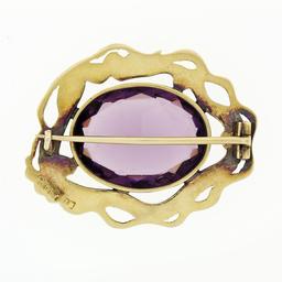 Antique Art Nouveau 14k Gold 13.13 ctw Oval Amethyst Detailed Dragon Frame Brooc