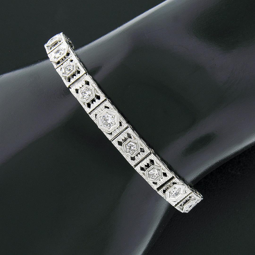 Antique Art Deco 14k White Gold 0.80 ctw European Diamond Filigree Line Bracelet