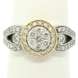 NEW 14k White & Yellow Gold Milgrain 0.75 ctw Pave Set Round Diamond Cluster Rin