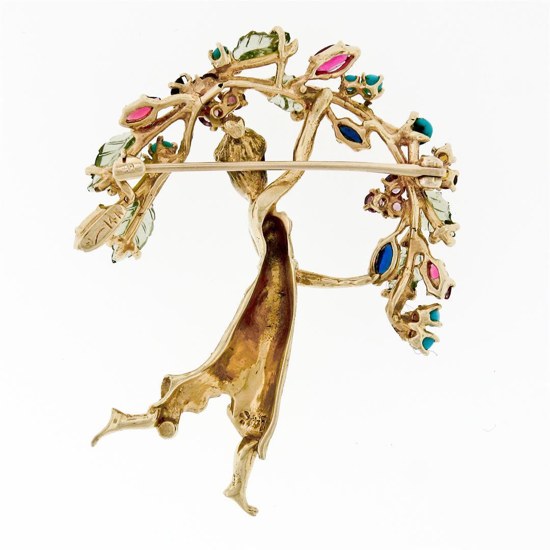 14k Gold 2.96 ctw Multi Colored Natural Gemstone Detailed Lady Wreath Pin Brooch