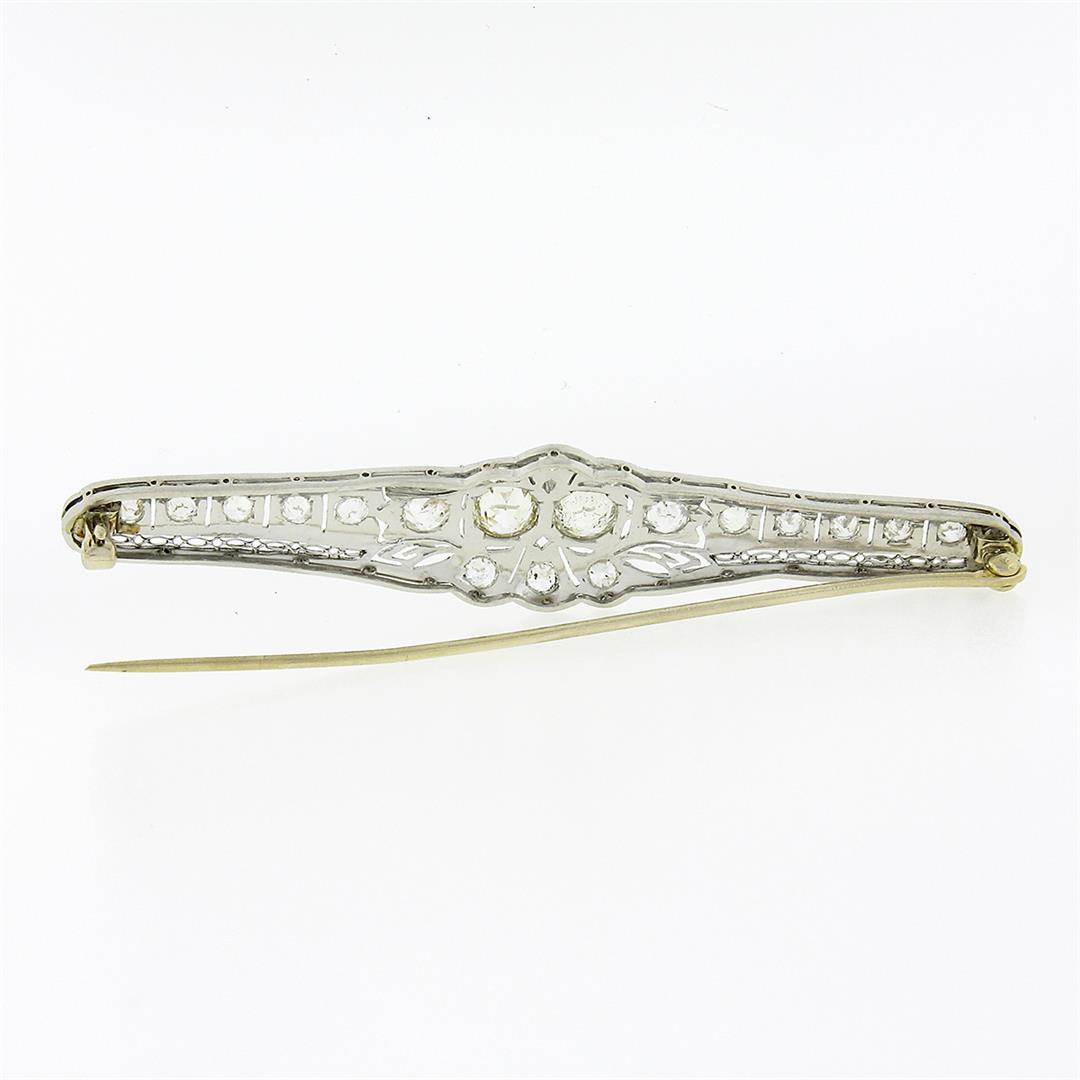 Antique Art Deco Platinum 4.04 ctw Old European Diamond Filigree Bar Pin Brooch