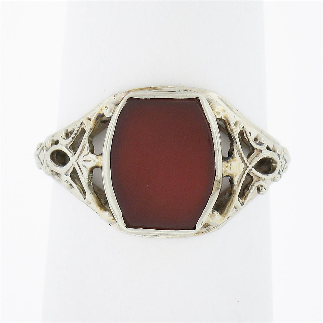 Antique 14k White Gold Bezel Custom Carnelian Solitaire Filigree Open Work Ring