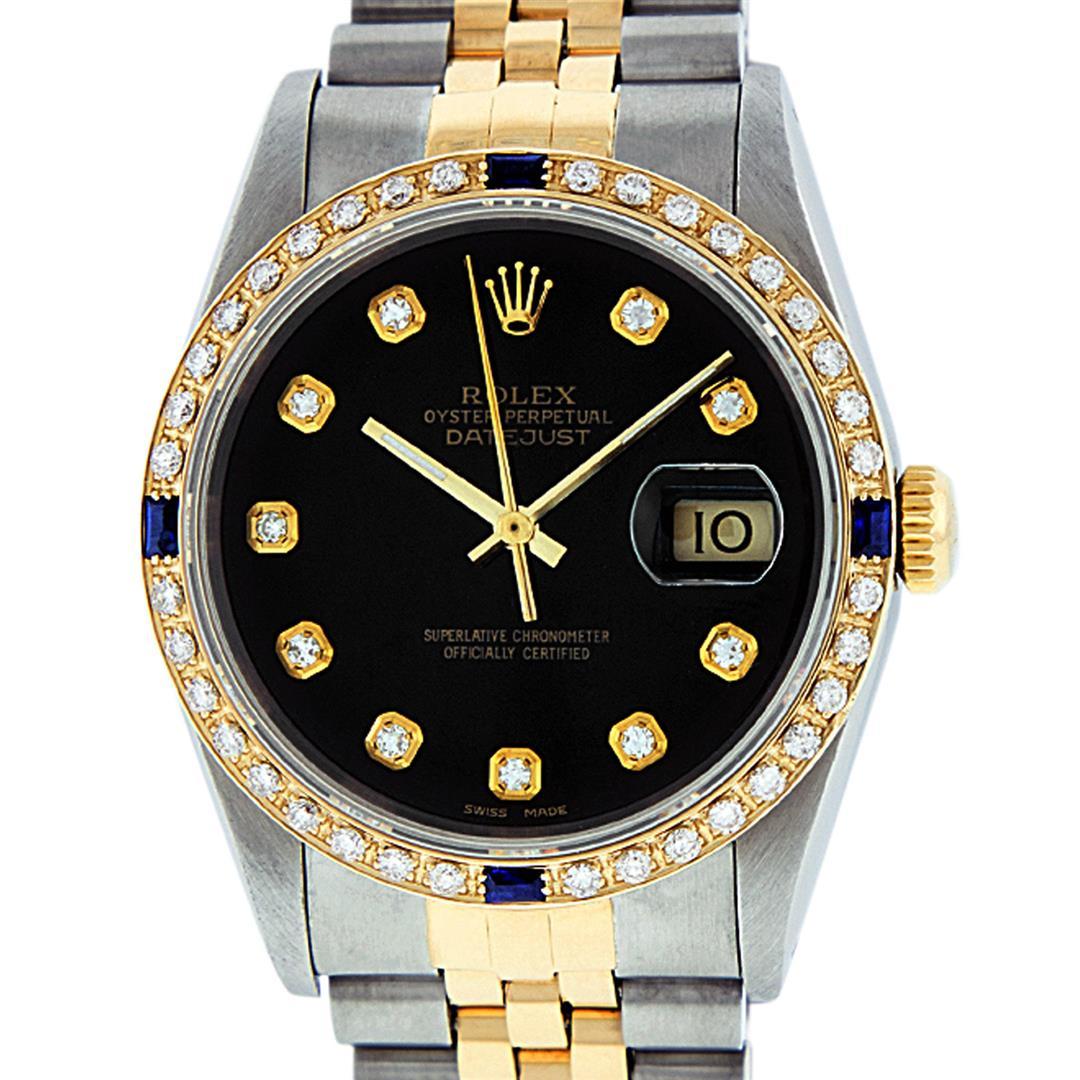 Rolex Mens Two Tone Black Diamond And Sapphire 36MM Datejust Wristwatch