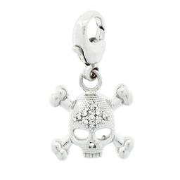 14k White Gold 0.12 ctw Diamond Skull & Crossbones Charm Pendant w/ Lobster Clas