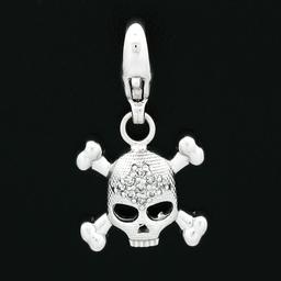 14k White Gold 0.12 ctw Diamond Skull & Crossbones Charm Pendant w/ Lobster Clas