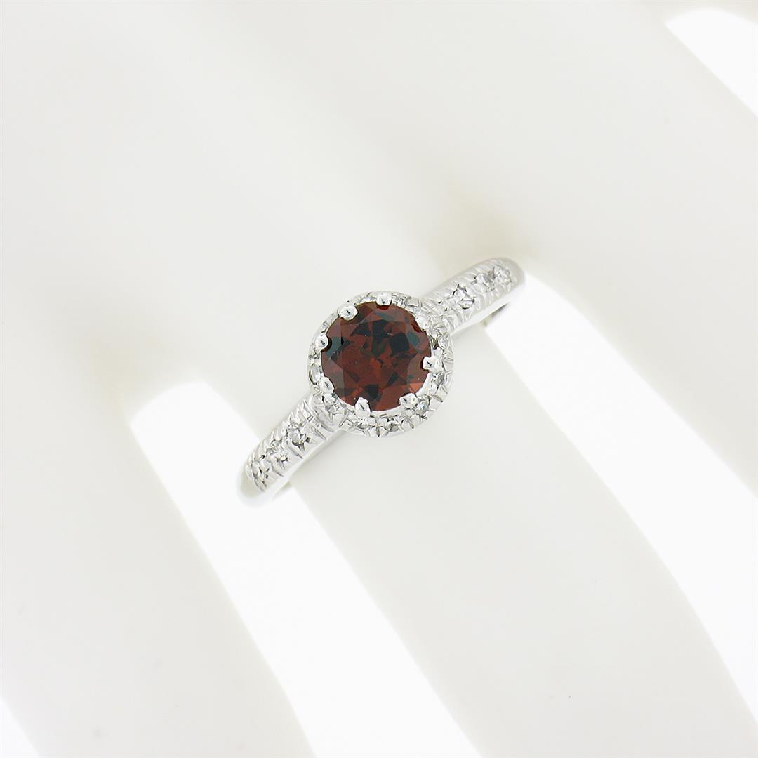 Vintage 18k White Gold.93 ctw Round Prong Garnet Solitaire & Diamond Accents Rin