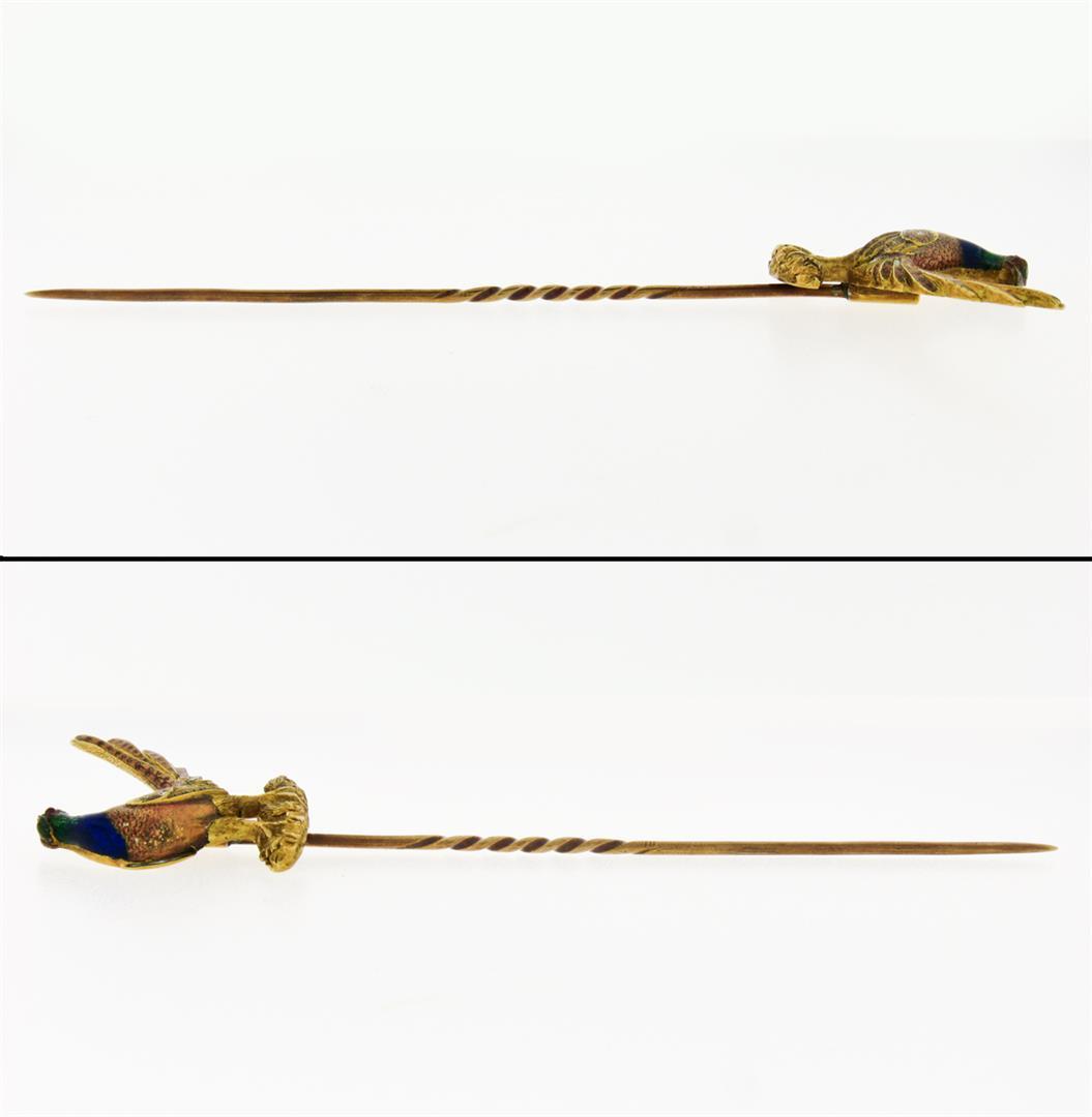 Rare Antique Art Nouveau 18K Gold Ruby Enamel LARGE Detailed Pheasant Stick Pin