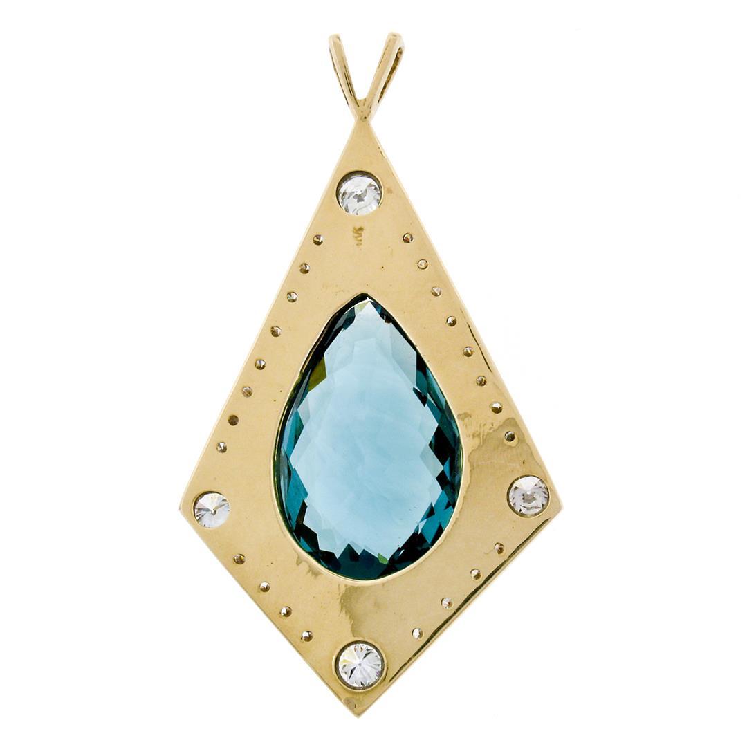 Large 14k Yellow Gold Tear Drop London Blue Topaz & Round Diamond Kite Pendant