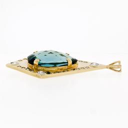 Large 14k Yellow Gold Tear Drop London Blue Topaz & Round Diamond Kite Pendant