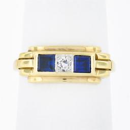 Retro Vintage 14K Gold Square Channel Blue Stone.06 ctw Diamond 3 Stone Band Rin