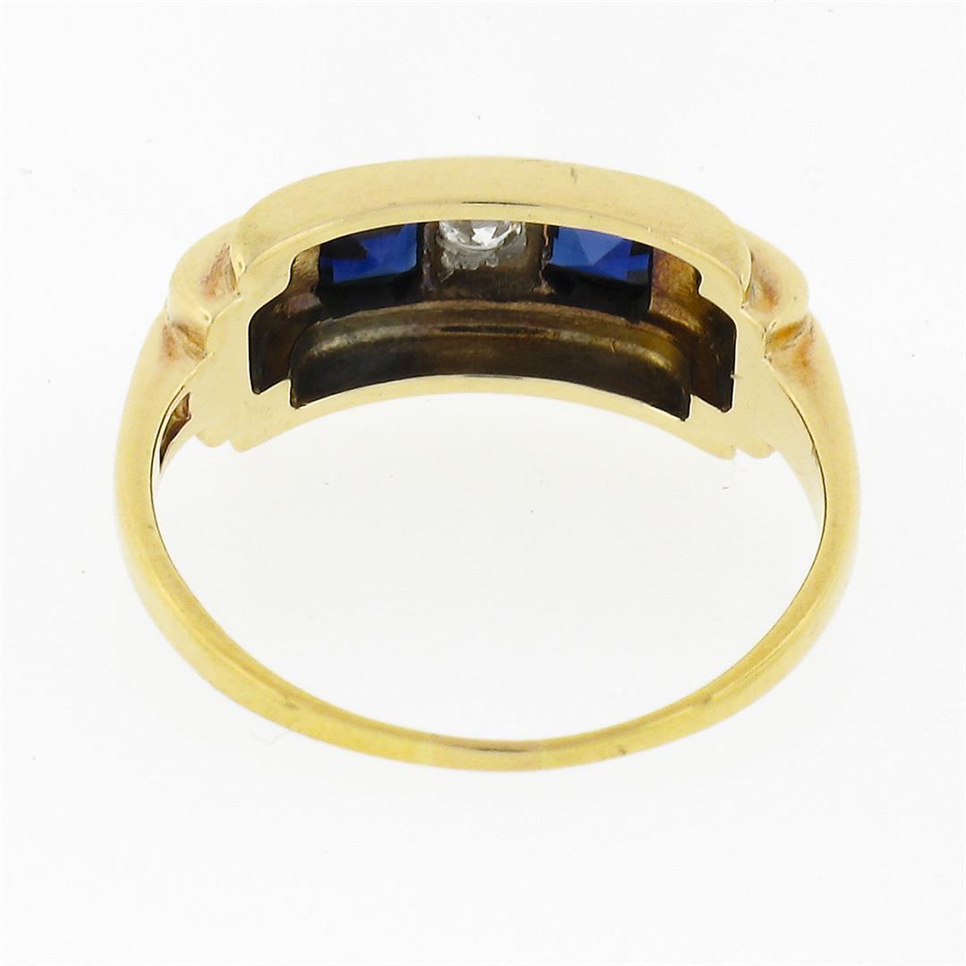 Retro Vintage 14K Gold Square Channel Blue Stone.06 ctw Diamond 3 Stone Band Rin