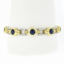 Vintage 18K & 14K TT Gold Round Bezel Sapphire & Baguette Diamond Link Bracelet