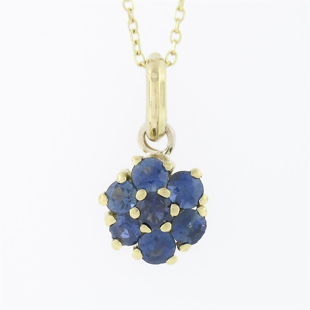 Estate 18k Yellow Gold 0.70 ctw Sapphire Flower Cluster Petite Pendant Necklace