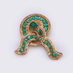 Vintage 18K Yellow Gold Ribbon Brooch with Emeralds & Diamonds