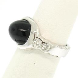 18K White Gold Oval Bezel Set Black Onyx & Burnish Set Round Diamond Bubble Ring