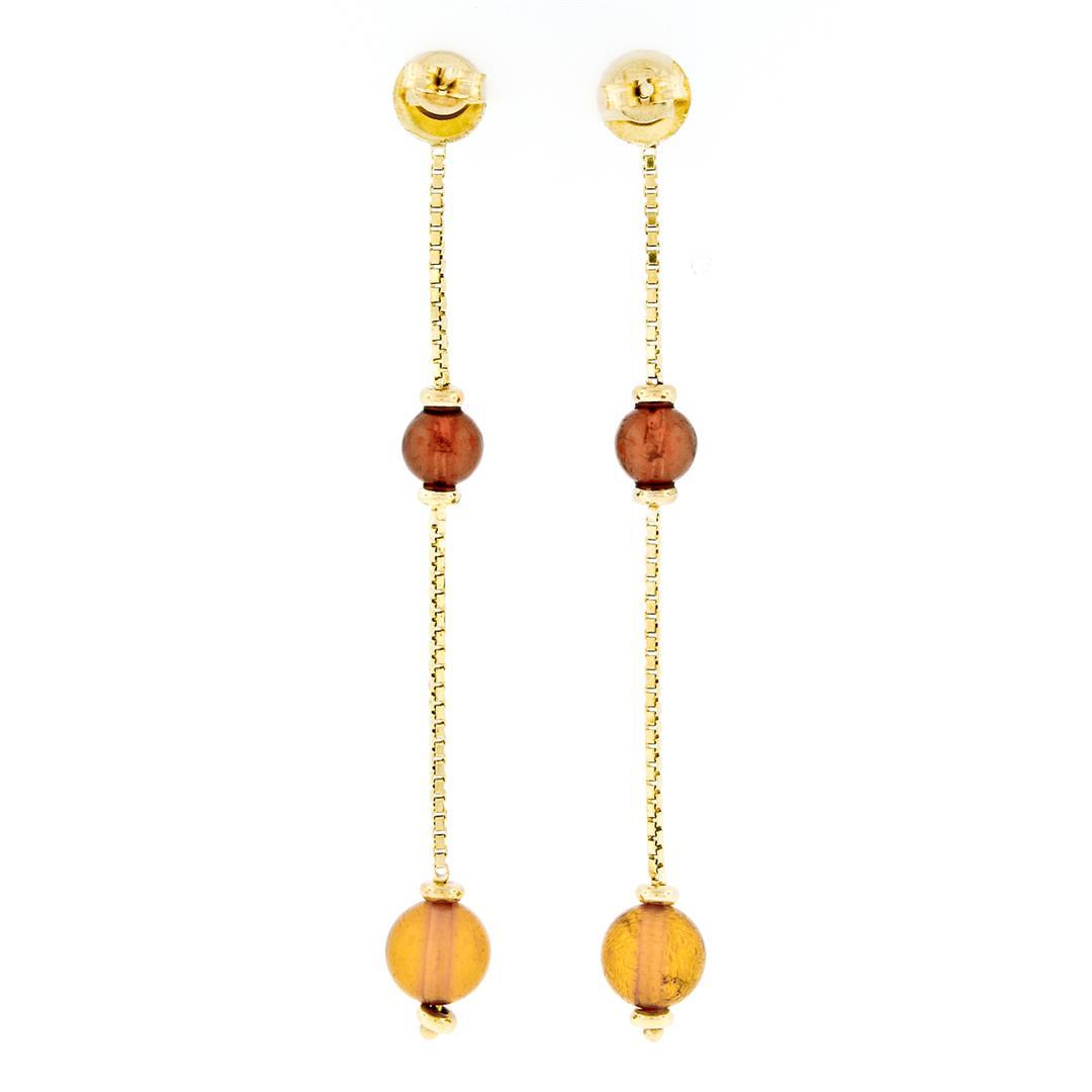 Estate 18K Yellow Gold Bead Citrine Textured Long Box Chain Drop Dangle Earrings