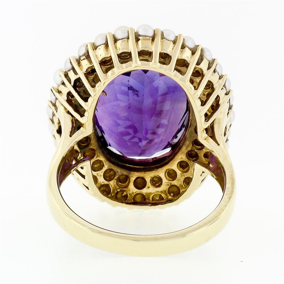 Vintage 14k Yellow Gold 7.13 ctw Oval Amethyst Solitaire & Pearl Halo Cluster Ri