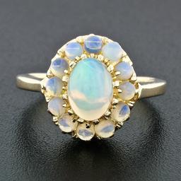 Vintage 14K Gold FINE Oval Cabochon Solitaire & Bead Ball Halo Opal Cluster Ring