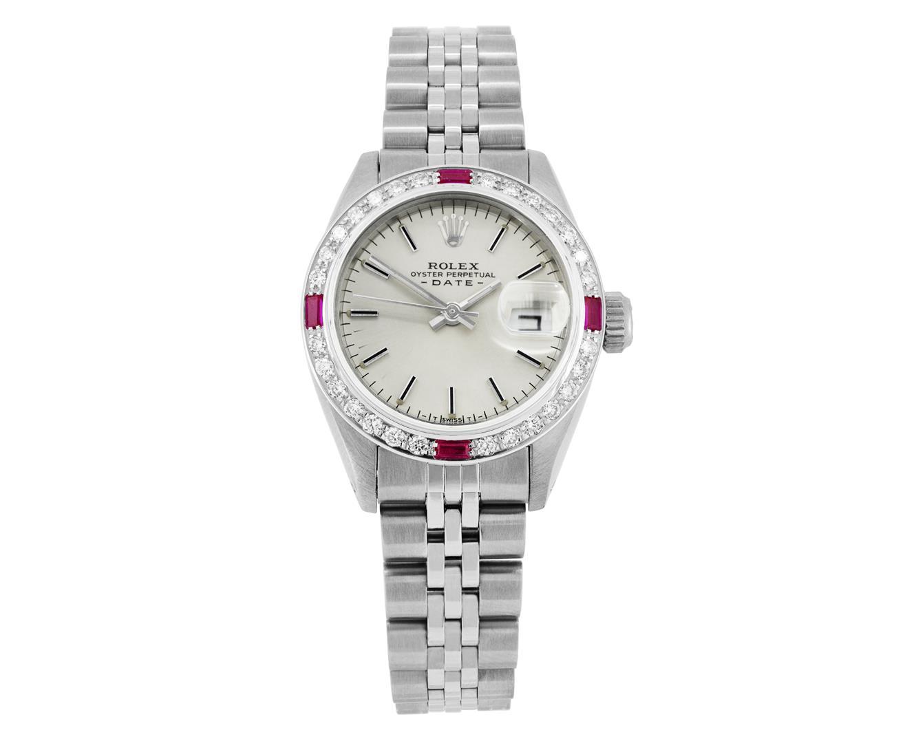 Rolex Ladies Stainless Steel Silver Index Diamond And Ruby Date Watch With Rolex