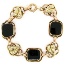 Retro Vintage 14k Green and Rose Gold Black Onyx and Open Leaf Link Bracelet