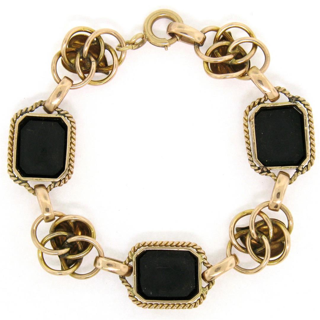 Retro Vintage 14k Green and Rose Gold Black Onyx and Open Leaf Link Bracelet