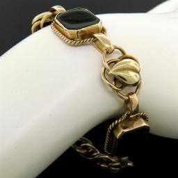 Retro Vintage 14k Green and Rose Gold Black Onyx and Open Leaf Link Bracelet