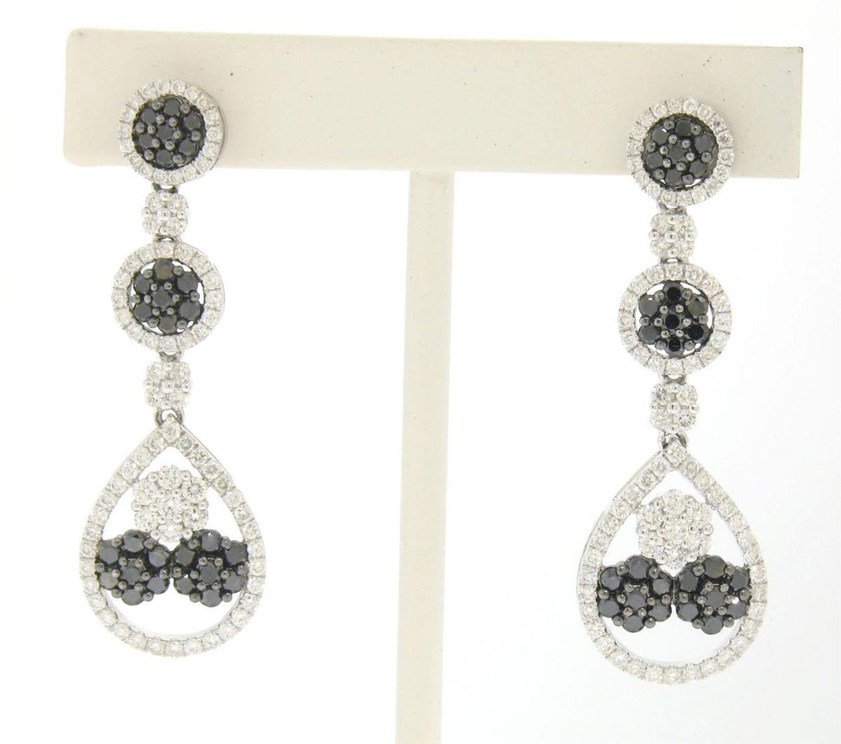 NEW 14k White Gold 3.74 ctw White and Black Diamond Long Dangle Drop Earrings