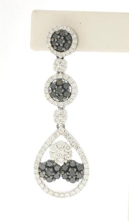 NEW 14k White Gold 3.74 ctw White and Black Diamond Long Dangle Drop Earrings