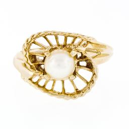 14K Yellow Gold 6.0mm Pearl Solitaire Wave Bypass Shell Open Work Cocktail Ring