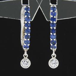 NEW 14k White Gold 1.02 ctw Prong Sapphire Bezel Diamond Dangle Drop Hoop Earrin