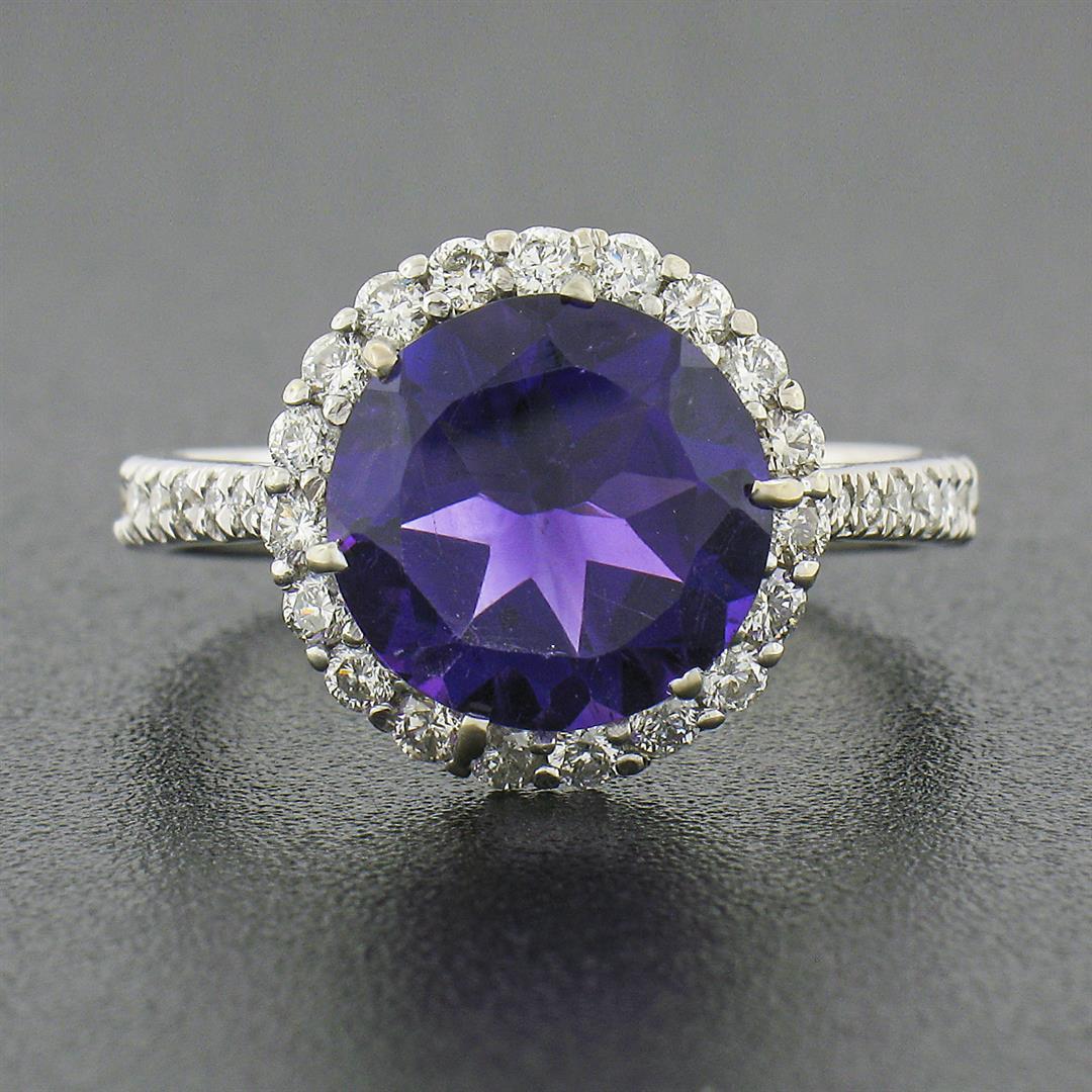 14K White Gold 4.1 ctw Royal Purple Amethyst Solitaire w/ Round Diamond Halo Rin