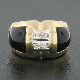 14K Yellow Gold .12 ctw Pave Diamond Black Onyx Sides Polished Wide Dome Band Ri