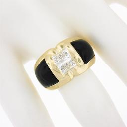 14K Yellow Gold .12 ctw Pave Diamond Black Onyx Sides Polished Wide Dome Band Ri