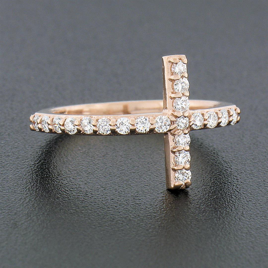 NEW 14k Rose Gold 0.40 ctw Round Brilliant Cut Diamond Curved Cross Band Ring